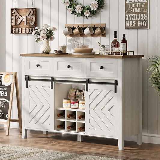 CABIHOME Farmhouse 47.2'' Buffet Cabinet with Sliding Barn Door, 33.4'' Tall Wood Rustic Sideboard with 3 Drawer, Adjustable Shelf and Removable Wine Rack for Dining Room, Kitchen, Living Room, White