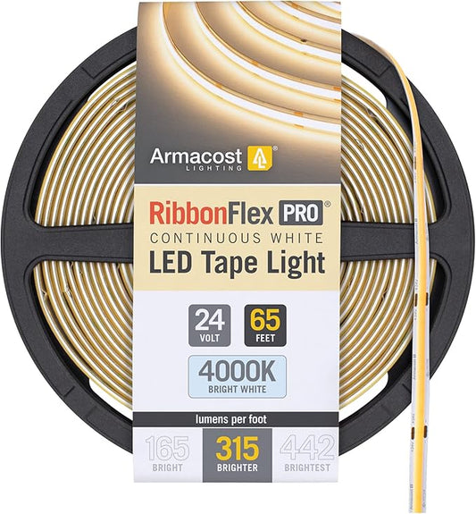 Armacost Lighting RibbonFlex Pro 24V White COB LED Strip Light Tape 4000K, 315 Lumens/Ft, 20M 172360