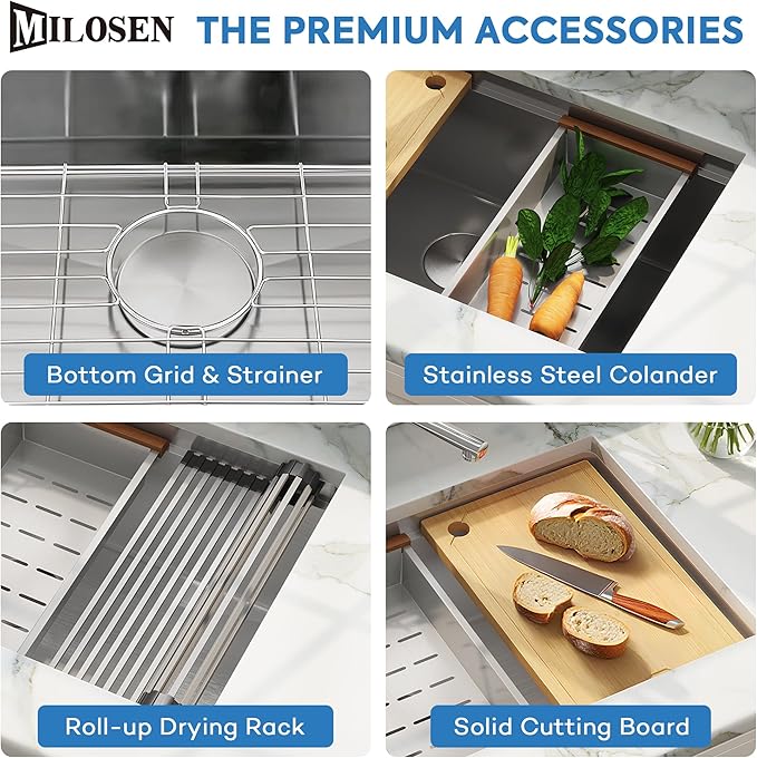 MILOSEN 33 Inch Undermount Kitchen Sink, 33" x 19" Stainless Steel Sinks, Single Bowl Workstation Sink with Custom Accessories, Handmade Under Counter Design, 9'' Depth Large and Deep Kitchen Sinks
