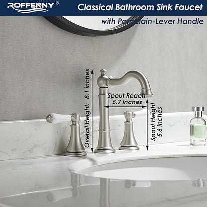 Porcelain 2-Handle Bathroom Faucets Brushed Nickel 8 inch Widespread with Plastic Pop-Up Drain & 2Pcs Water Supply Lines, Classical Vanity Sink Faucet for 3 Holes, 360° Swivel Brass Spout