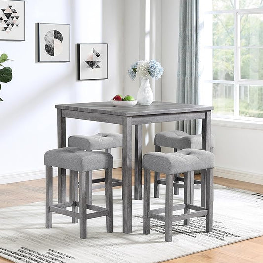 Ball & Cast 5 Piece Wooden Dining Table and Chairs Set for 4, 24" H Tufted Counter Stools with 34.2" Square Bar-Table, Industrial Breakfast Table with 4 Padded-Stool for Kitchen Island Playroom, Gray