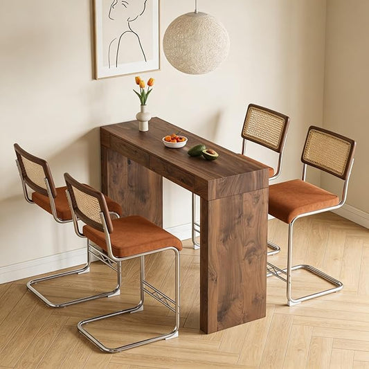 Counter Height Dining Set with Rattan Back Stools,Bar Table with 2 Drawers,Upholstered Kitchen Island Chairs,Chrome Cantilever Frame,Modern Furniture for Dining Room (Walnut Table,4 Coffee Chairs)