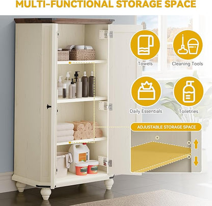 DWVO 4-Tier Storage Cabinet, 45.2" Farmhouse Kitchen Pantry Cabinet wth 2 Shutters-Doors & Adjustable Shelves, Wooden Tool Cabinet for Dining Room, Bathroom, Living Room, Laundry Room, Office, White