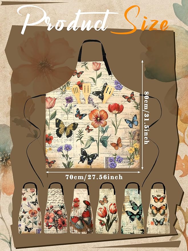 Bencailor 6 Pcs Spring Kitchen Aprons with Pockets Flower Rooster Bee Butterfly Sunflower Summer Aprons Bulk for Women(Classic Color,Butterfly)