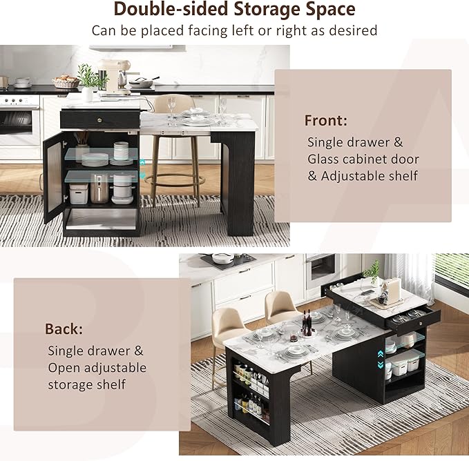 Domesto 59.5" Kitchen Island with Extendable Dining Table,Kitchen Storage Table with Double-Sided Storage, Kitchens Island with 2 Drawers, Power Outlet, Side Open Shelves (Black)