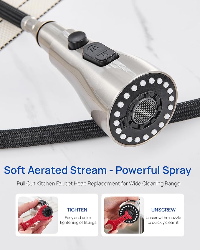 Metal Kitchen Faucet Head Replacement – 3 Mode High-Pressure Sink Sprayer Replacement with 15 Nozzle Adapters, Durable Pull Down Spray Head for Kitchen Sink (Stream/Spray/Blade), Stainless Steel