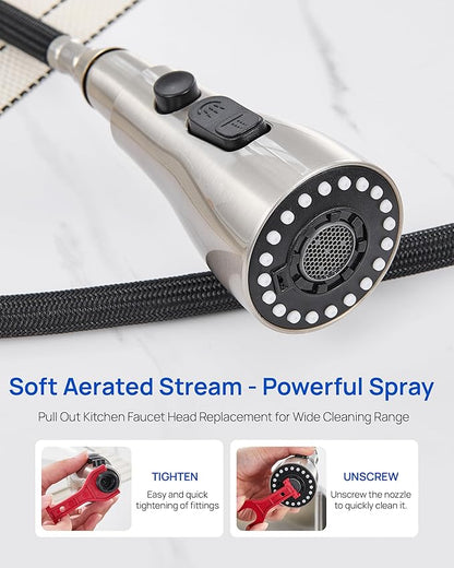 Metal Kitchen Faucet Head Replacement – 3 Mode High-Pressure Sink Sprayer Replacement with 15 Nozzle Adapters, Durable Pull Down Spray Head for Kitchen Sink (Stream/Spray/Blade), Stainless Steel