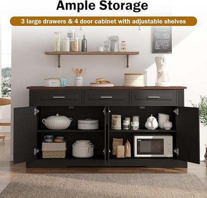 63" Large Buffet Sideboard with Storage, 32" Tall Kitchen Buffet Storage Cabinet with 3 Drawers, Modern Coffee Bar Cabinet with Handles, Long Sideboard Buffet Table for Kichen, Living Room (Black-01)