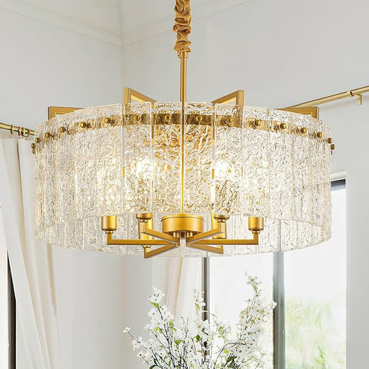 Gold Crystal Chandeliers for Dining Room 6-Light, 22” Modern Water Ripple Glass Light Fixture, Farmhouse Round Lighting for Kitchen Island, Bar Table