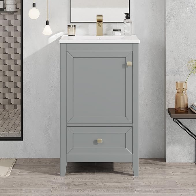 20" Bathroom Vanity with Ceramic Sink Top Set, Multi-Functional Storage Cabinet with Rack Organizer and Drawer, Soft-Closing Door, Solid Wood Frame, Gray