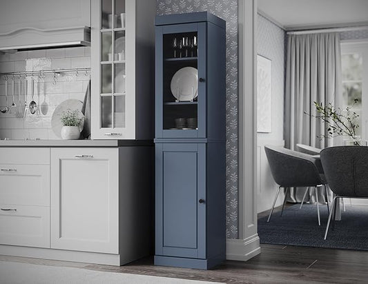 Palace Imports Solid Wood Kitchen Pantry - Narrow Storage Cabinet - 16.5" Wide x 71.5" Tall - 1 Raised Panel & 1 Glass Door, Antique Blue, Adjustable Shelves, 100% Eco-Friendly Wood, Modular Cabinets