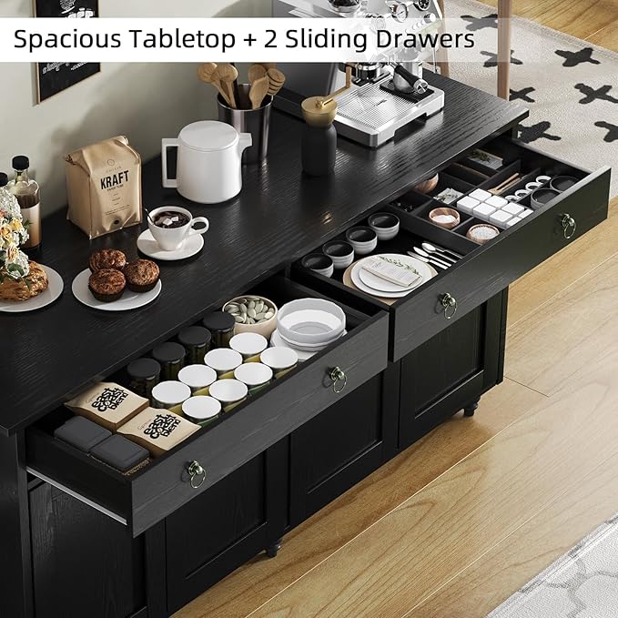 4 EVER WINNER Black Coffee Bar Cabinet, 55" Large Buffet Cabinet with Storage & Adjustable Shelves, Farmhouse Sideboard Buffet Cabinet with 2 Drawers and 4 Doors for Kitchen, Dining Room, Living Room