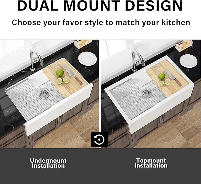 Miuara Self Trimming Farmhouse Workstation Sink 33 Inch - Tall Apron Front Fireclay Kitchen Sink 33"x20"x10", Dual Mount: Undermount & Topmount, Farm House Style Single Bowl, Glossy White, for Kitchen