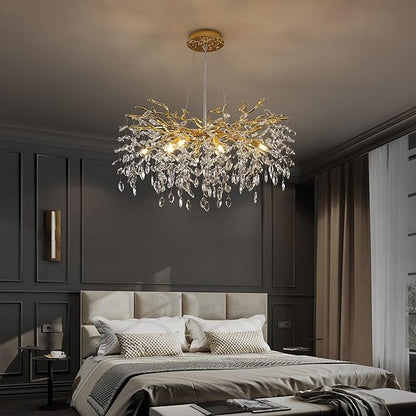 Crystal Tree Branches Chandeliers Luxury Round Gold Hanging Pendant Light 10 Lights for Dining Room Bedroom Living Room Entryway 30.5"