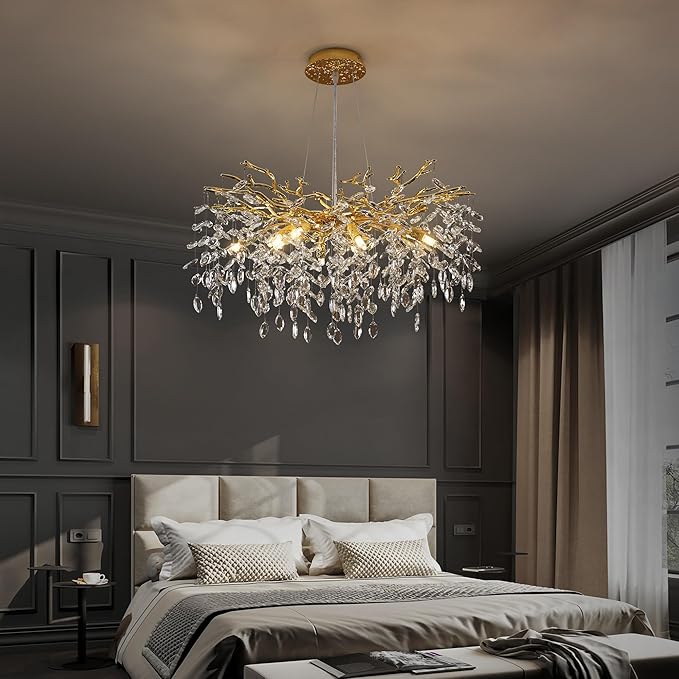 Tree Branches Chandeliers Luxury Round Crystal Pendant Light 8 Light Ceiling Hanging Light for Dining Room Bedroom Living Room Entryway Gold 23.7"