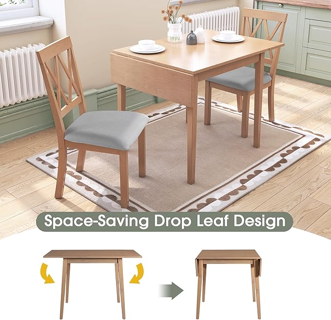 Ball & Cast 5-Piece Farmhouse Drop Leaf Folding Dining Table with Chairs, 29.57"~45.67" Extendable Table w/4pcs Backrest Dining-Chair, Foldable Kitchen Breakfast Set for 4,Space Saving,Natural
