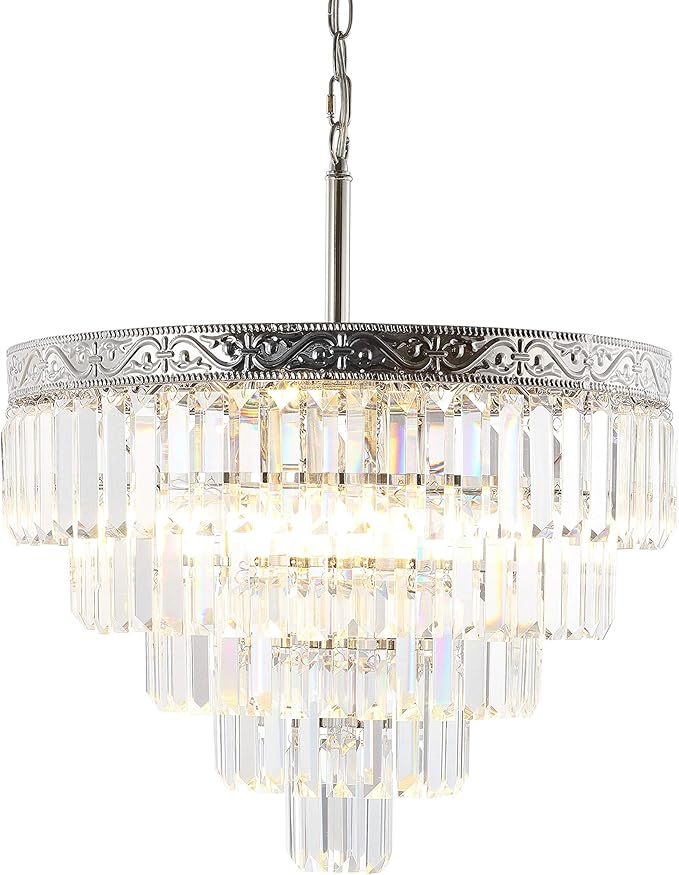 JONATHAN Y 20" Polished Nickel/Clear 4-Light LED Chandelier, Modern Tiered Pendant Light Fixture for Dining Room, Bedroom, Entryway with Clear Faceted Crystal Shade (JYL9007A)
