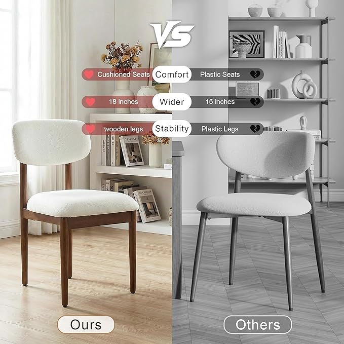 Casaphoria Upholstered Dining Chairs Set of 2, Mid-Century Modern Kitchen Chairs with Solid Wood Legs & Thick Cushion, Ergonomic Fabric Accent Chairs for Dining Room, Vanity & Office, White/Walnut