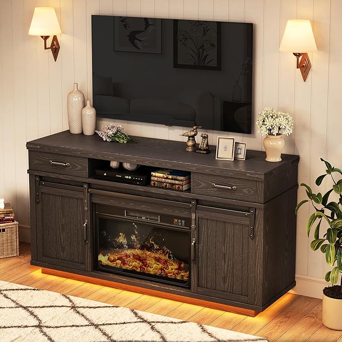 Jocoevol Fireplace TV Stand for TVs up to 65", Electric Fireplace with 3D Flame, Farmhouse LED Light Entertainment Center TV Console with with 2 Drawers, Sliding Barn Door for Living Room - Black