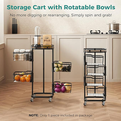 4 Tier Kitchen Fruit Vegetable Storage Cart with One-Piece Rotating Basket, Pantry Organizer Shelf Rack Floor Stand for Veggie Onion Potato Produce Spice, Rolling Snack Cart on Wheels, Black
