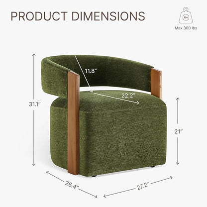 KISLOT Upholstered Dining Chairs with Casters, Modern Barrel Side Armchair with Rollers & Wooden Armrest for Dining Room, Bedroom, Kitchen, Reading Room, Green, Set of 1