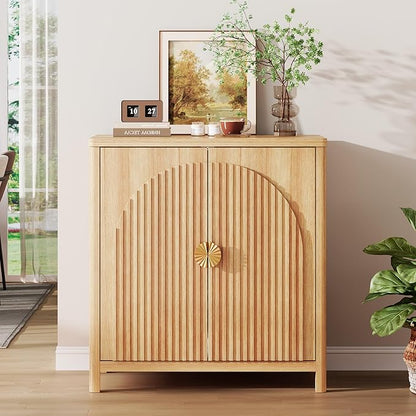 Sideboard Cabinet with Storage - 63” Large Kitchen Buffet Table, Adjustable Shelf & 4 Fluted Doors Farmhouse Coffee Bar for Living Room Dining Room Entryway, Wood