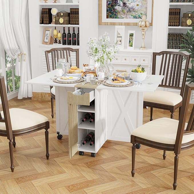 3imothrix Folding Dining Table, Small Dining Table, Space Saving Dining Table with 6 Wheels, Kitchen Table Sewing Table for Small Spaces (White)