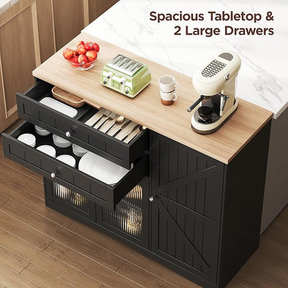 FiveWillowise Farmhouse Buffet Sideboard Cabinet, Black Storage Cabinet with Barn Doors and Drawers, Fluted Glass Doors & Adjustable Shelves, Coffee Bar with Storage for Kitchen, Living Room