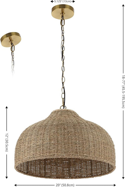 JONATHAN Y 20" Brown/Brass Gold 1-Light Rattan and Iron Dome Pendant Light, Adjustable Height Coastal Bohemian Hanging Lamp for Kitchen Island, LED Bulb Included JYL1133A