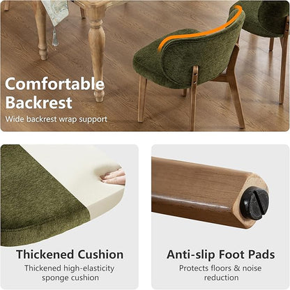 YOUNIKE Olive Green Dining Chair with High Back Set of 2 Mid Century Modern Kitchen Chair Boucle Fabric Upholstered Armless Accent Chair 20" Wide Padded Seat with Wooden Legs for Living Room Bedroom