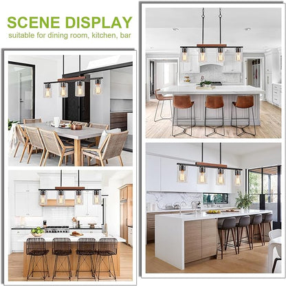 WILON Kitchen Island Lighting, 4 Lights Black Linear Chandeliers Modern Farmhouse Chandelier with Glass Shades for Kitchen Island Living Dining Room Foyer Bedroom(Black,4 Lights)