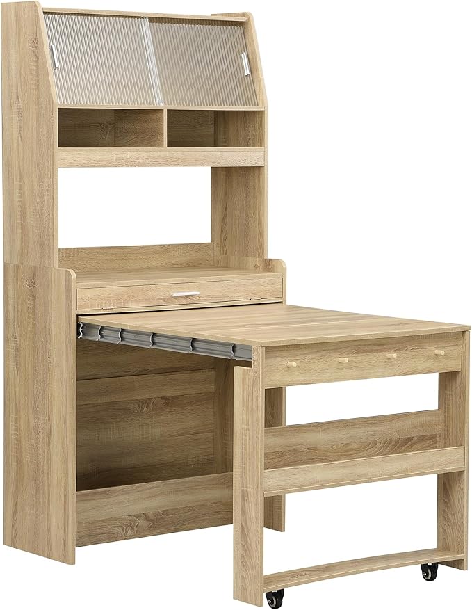 Compact Buffet with Hutch and Foldable Dining Table, Multifunctional Cupboard with Storage Shelf and Side Hooks, 2-in-1 Buffet for Small Places, Studio, Apartment
