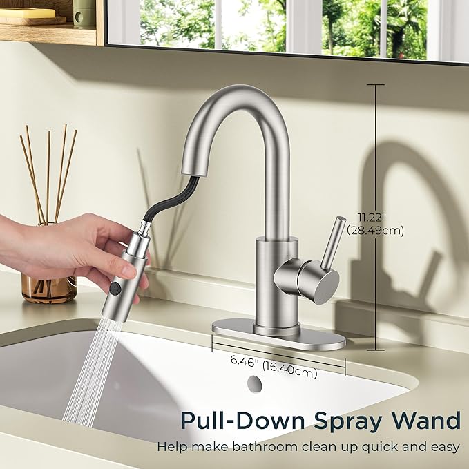 FORIOUS Bathroom Faucet 1 Hole with Pull Down Sprayer, 3 Hole Brushed Nickel Bathroom Sink Faucet with Pop Up Drain for RV Bar Laundry Vanity Utility Sink Remodel, Single Handle Design