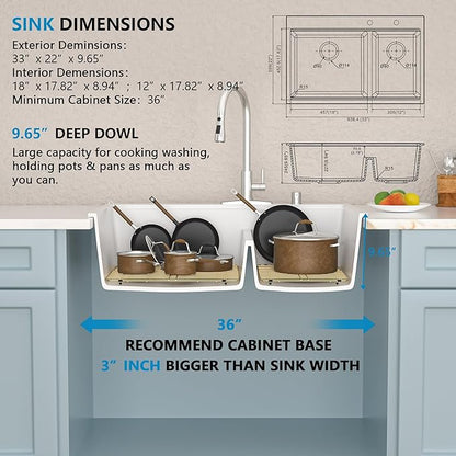 33 Granite Composite Kitchen Sink Double Bowl - Fulorni 33"x22" Granite Kitchen Sink White Ledge Workstation Drop in Topmount Double Bowl 60/40 Luxury Quartz Classic Above Counter Basin