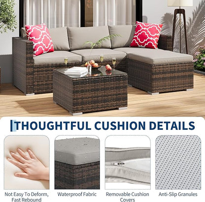GAOMON 5-Piece All-Weather Patio Furniture Set, Convertible Outdoor Sectional Sofa with Ottoman & Tempered Glass Table, PE Rattan Conversation Set for Garden, Backyard, Porch, Poolside