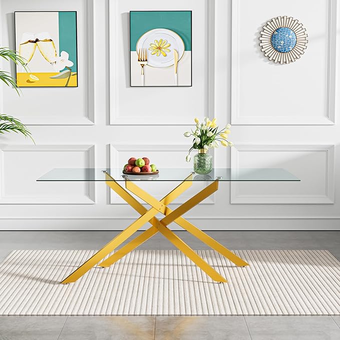 60" Glass Dining Table Modern Kitchen Table for 4-6 People, Contemporary Rectangular Dining Room Dinner Tables with Clear Glass Top & Gold Metal X Legs for Kitchen Apartment