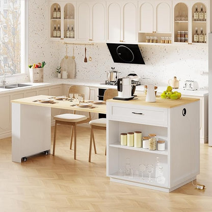 Modern Dining Table 82.7 Inch Kitchen Island with Extendable Table for 4-6 Person, Two-Tone Wood Console with Power Outlet, Counter for Living Room,White-Wood