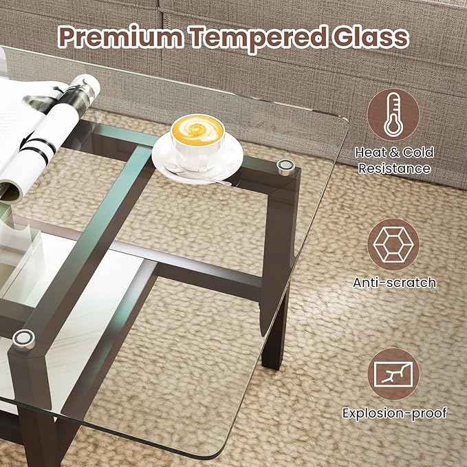 Giantex Glass Coffee Table, 42 Inch 2-Tier Rectangular Cocktail Table with Storage Shelf & Solid Rubber Wood Legs, Modern Center Table for Living Room, Home Office, Brown