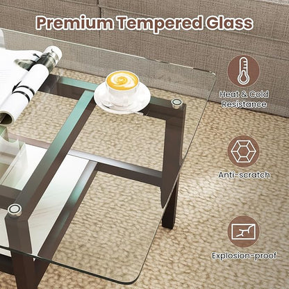 Giantex Glass Coffee Table, 42 Inch 2-Tier Rectangular Cocktail Table with Storage Shelf & Solid Rubber Wood Legs, Modern Center Table for Living Room, Home Office, Brown