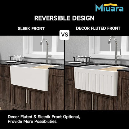 Miuara White Farmhouse Workstation Sink 24 Inch - Small Fireclay Apron Front Kitchen Sink Undermount 24"x18"x10", Farm House Style Heavy Duty Deep Single Bowl for Kitchen & Small Space