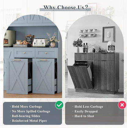HOSTACK 71"H Kitchen Trash Can Cabinet, 12.5 Gallon Double Pull Out Garbage Can Hutch Cabinet with Trash Bin Storage Holders, 47" Wide Kitchen Pantry with Hidden Garbage Storage for Dining Room, Blue
