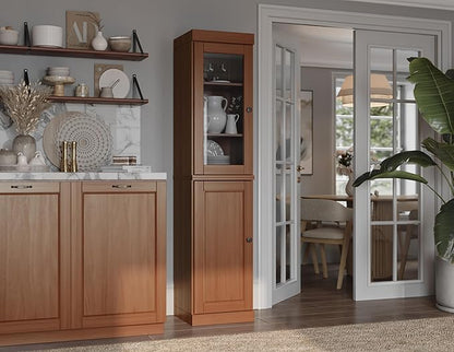 Palace Imports Solid Wood Kitchen Pantry - Narrow Storage Cabinet - 16.5" Wide x 71.5" Tall - 1 Raised Panel & 1 Glass Door, Mocha, Adjustable Shelves, 100% Eco-Friendly Wood, Modular Cabinets