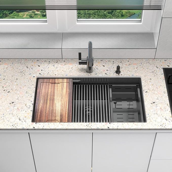33inch Undermount Kitchen Sink Metal Black - Feibus 33x19x10 with Double Step Workstation 16 Gauge Honeycomb Embossment Stainless Steel Single Bowl