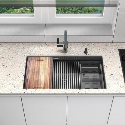 33inch Undermount Kitchen Sink Metal Black - Feibus 33x19x10 with Double Step Workstation 16 Gauge Honeycomb Embossment Stainless Steel Single Bowl