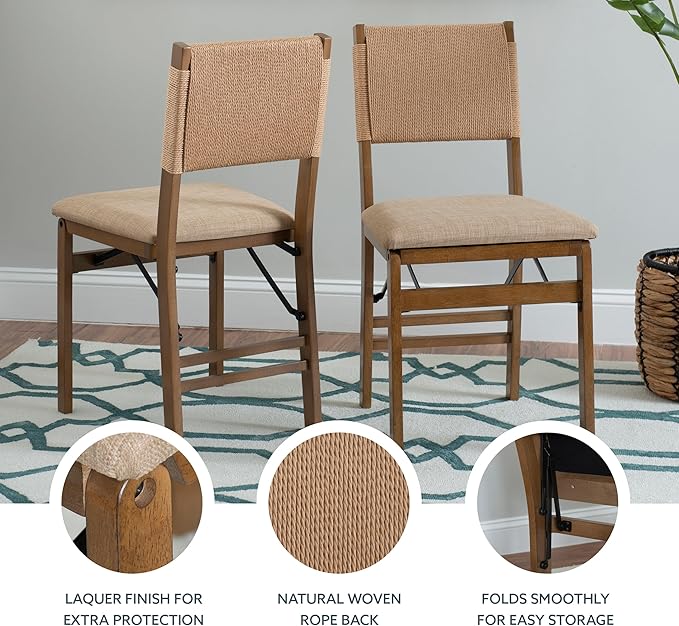 Bennett Natural Folding Chair with Rope Back and Linen Upholstered Seat Set of 2 by Linon