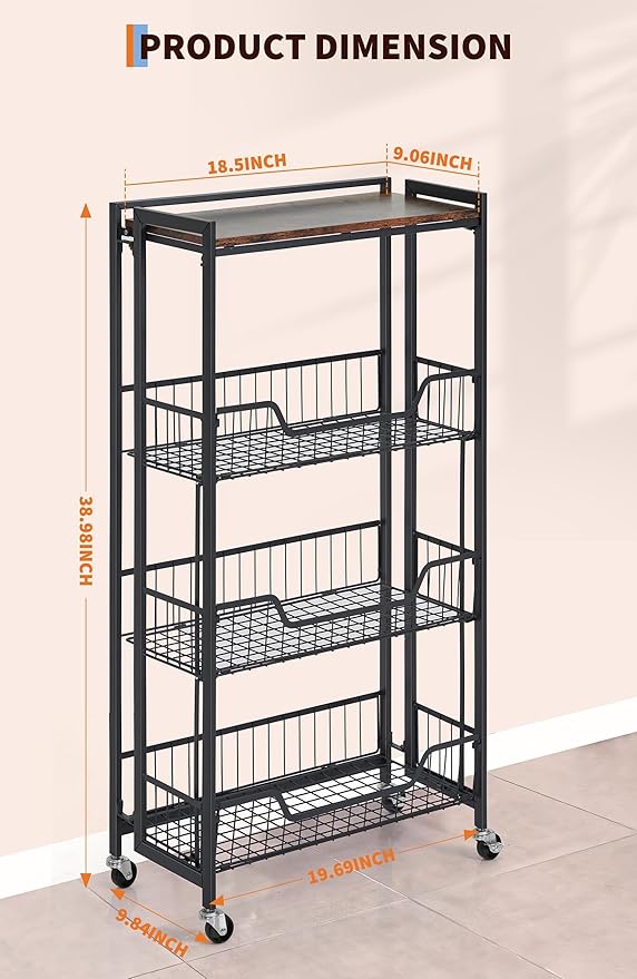 PeakPursuit Large 4-Tier Collapsible Wooden Storage Shelf – Heavy Duty 100 lbs Capacity, Locking Wheels – Space-Saving Organizer for Kitchen, Garage, Workshop, Home – No Assembly Required