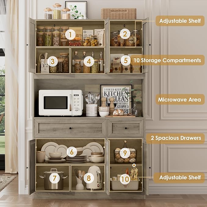 BOTLOG 72" Kitchen Pantry Cabinet, Kitchen Hutch with Microwave Stand, Buffet Cabinet with Hutch for Dining Room, Ash Gray