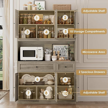 BOTLOG 72" Kitchen Pantry Cabinet, Kitchen Hutch with Microwave Stand, Buffet Cabinet with Hutch for Dining Room, Ash Gray