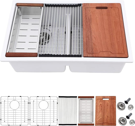 33 Granite Composite Kitchen Sink Double Bowl - Fulorni 33"x19" Granite Kitchen Sink Ledge Workstation White Undermount Double Bowl 50/50 Quartz Classic Under Counter Basin