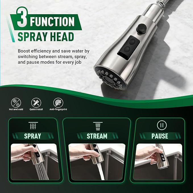 2 Handle Kitchen Faucet with Pull Down Sprayer, 3 Hole Kitchen Sink Faucet with Separate Hot and Cold Handle,3 Mode Spray High Arc Brushed Nickel Kitchen Faucets